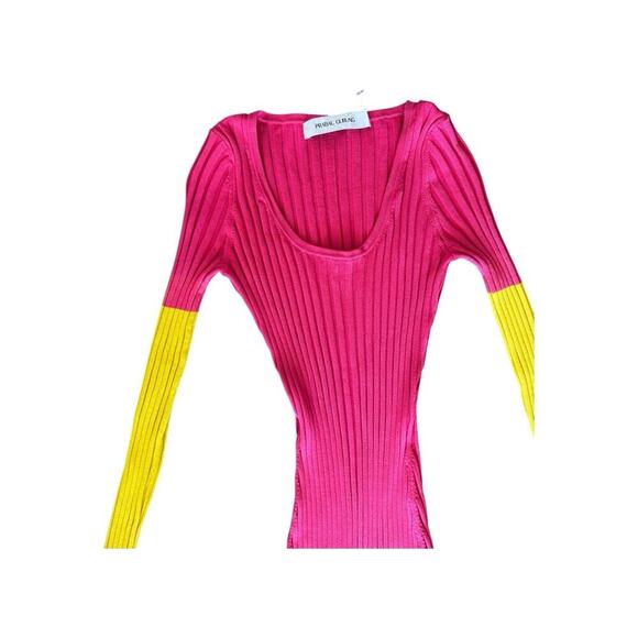 PRABAL GURUNG Striped Ribbed Bodycon Midi Dress In Pink Color Block XS - Picture 5 of 16